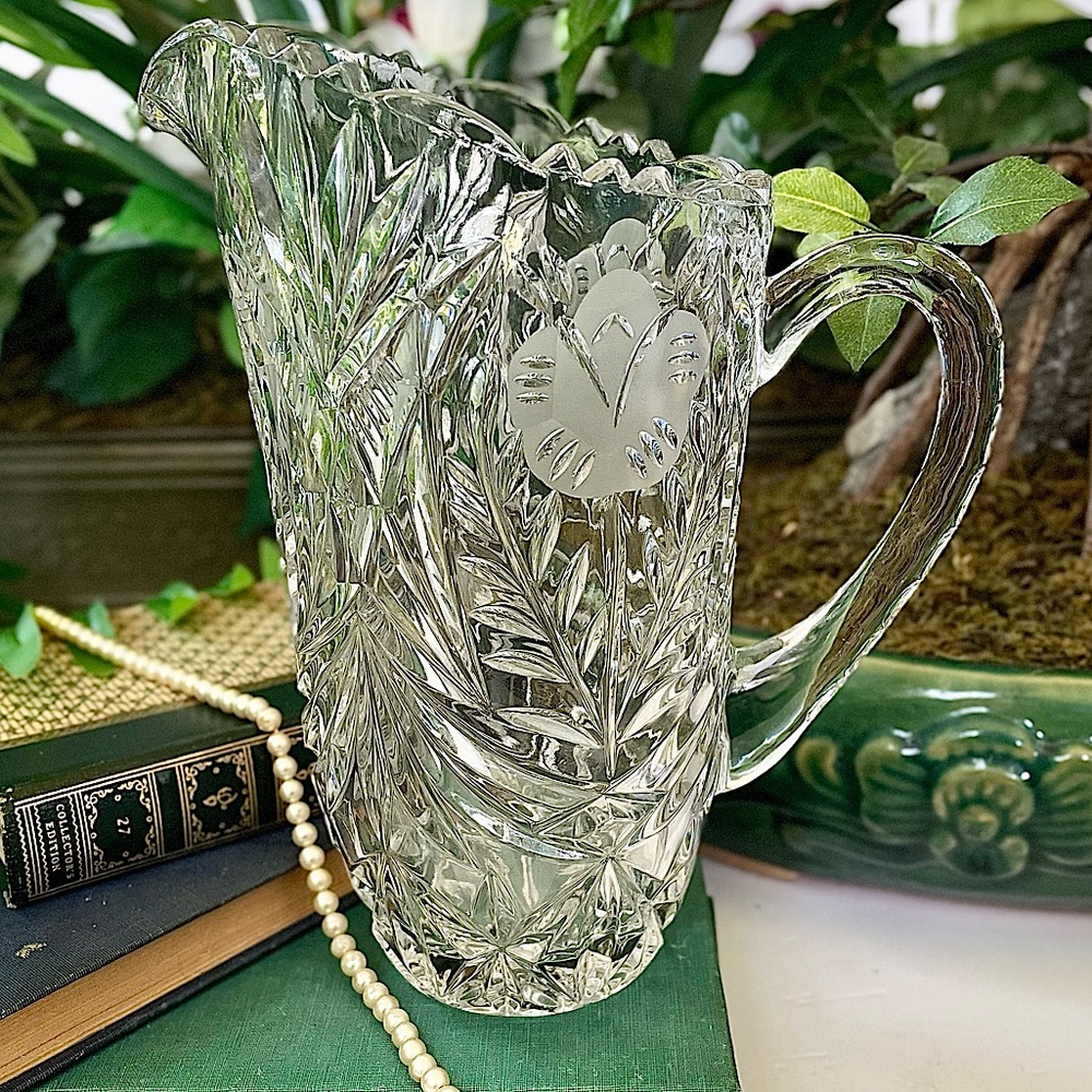 Vintage Crystal Water Tea Pitcher Frosted Flowers